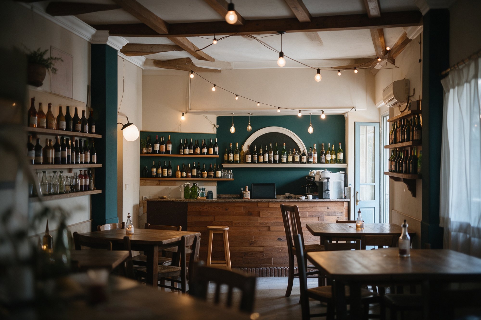 Interior del restaurante con la barra verde, mesas de madera y vino local