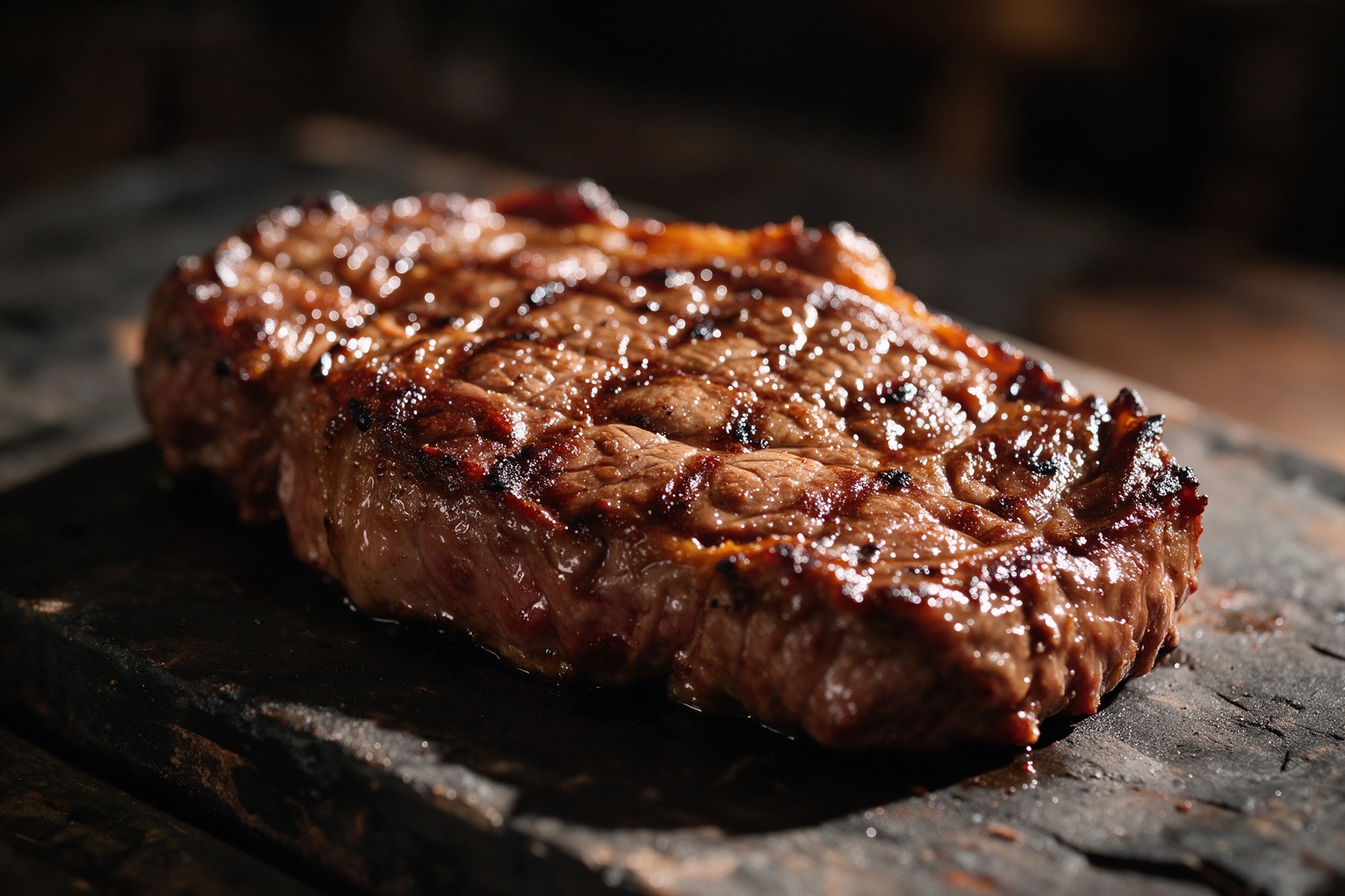 Filete de ternera a la brasa con marcas de parrilla sobre superficie rústica