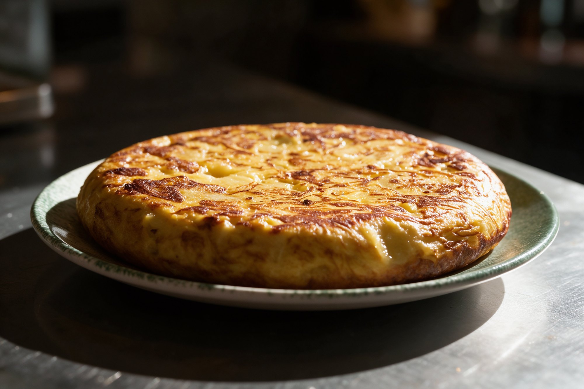 Tortilla de patatas dorada en plato verde