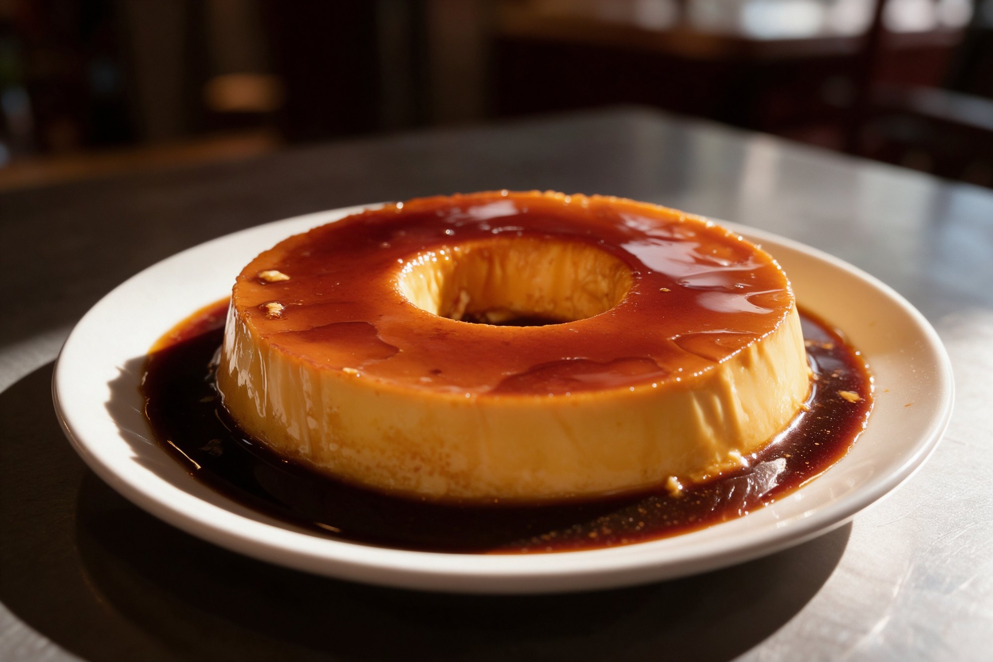 Flan redondo bañado con caramelo en plato blanco